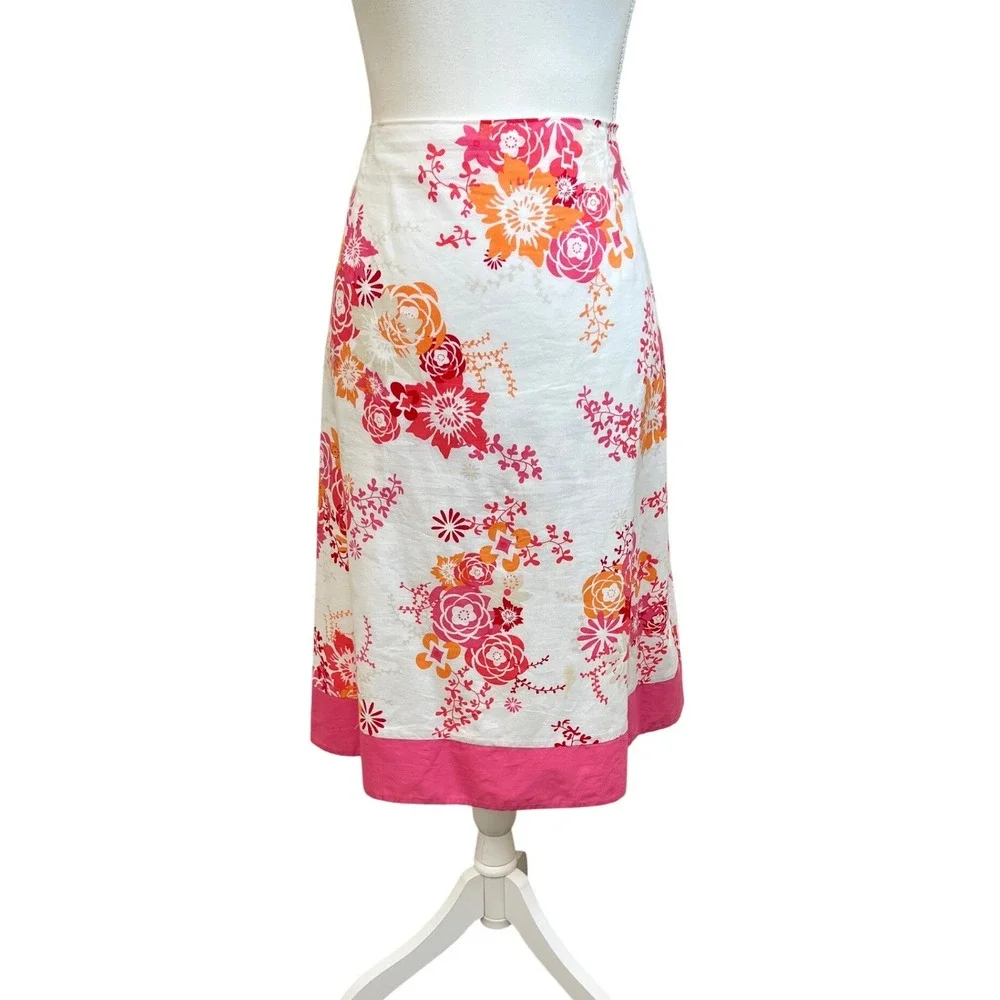 PENDLETON Floral Coastal Midi Skirt Sz 14 White Pink Preppy Cottage Modest